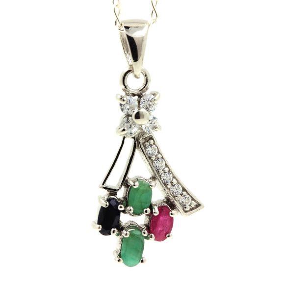 Jewel Zone US Collier avec pendentif imitation émeraude verte et saphir blanc en argent sterling 14 carats, Argent, Émeraude Jewel Zone US Collier avec pendentif imitation émeraude verte et saphir blanc en argent sterling 14 carats, Argent, Émeraude