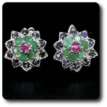 BOUCLES D'OREILLE EMERAUDE RUBIS & SAPHIR