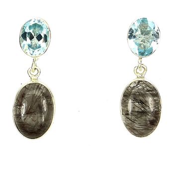 Boucles d'oreille Quartz rutile et Topaze bleu