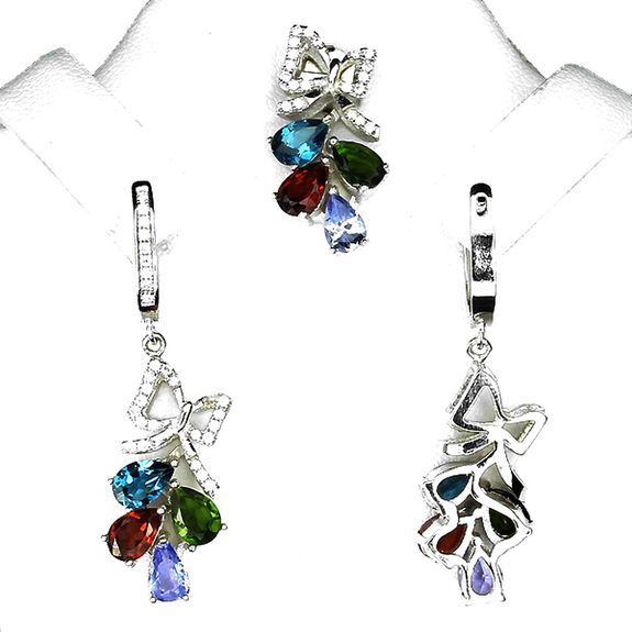 Topaz, Tourmaline, Tanzanite, Garnet Pendant Earrings Set