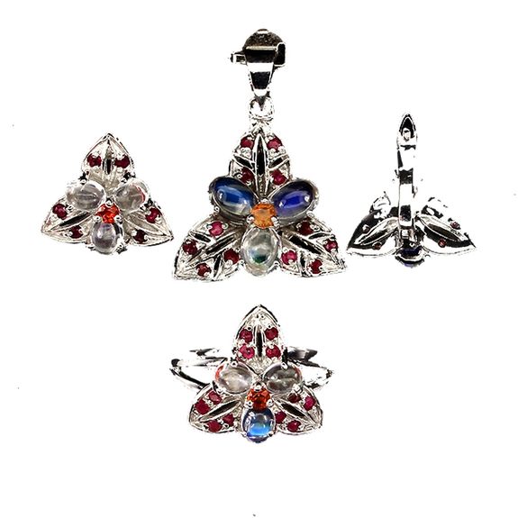 Ruby, Sapphire, Moonstone Pendant, Ring, Earrings Set