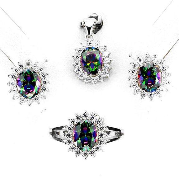 Rainbow Quartz Pendant, Ring, Earrings Set