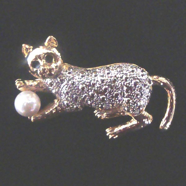 Broche Vintage Chat Attrapant Une Souris - Strass Argenté - Métal Alliage - Déco Rétro