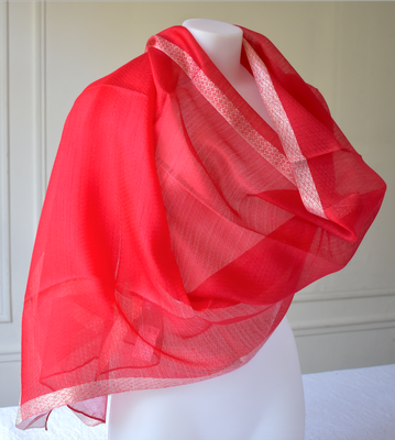 Very smart red and gold silk evening wrap for dressed up occasions evenings weddings opera