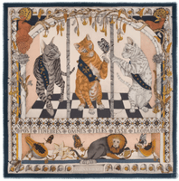 Grand foulard Sabina Savage - 3 chats dans les tons rosés et bleu nuit - laine et soie - carré 135/135