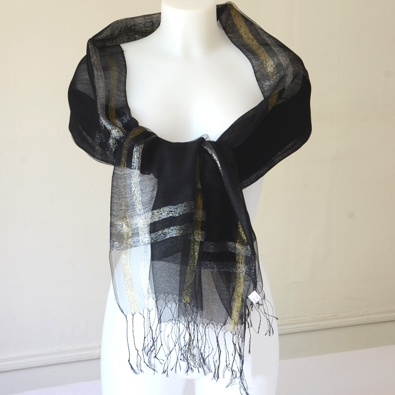 Grand foulard mariage, cérémonie en organza noir, or et argent