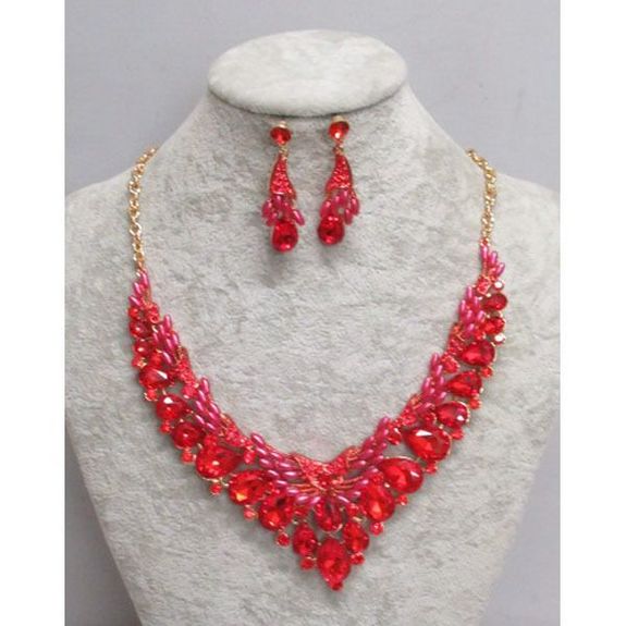 Parure De Bijoux Ras Du Cou Atigy - Collier Et Boucles D'oreilles Rouges Avec Perles Et Strass - Cadeau Femme Pour Mariage, Fête
