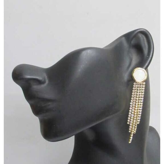 Bijoux boucles d'oreilles rond nacre pendants strass acier doré