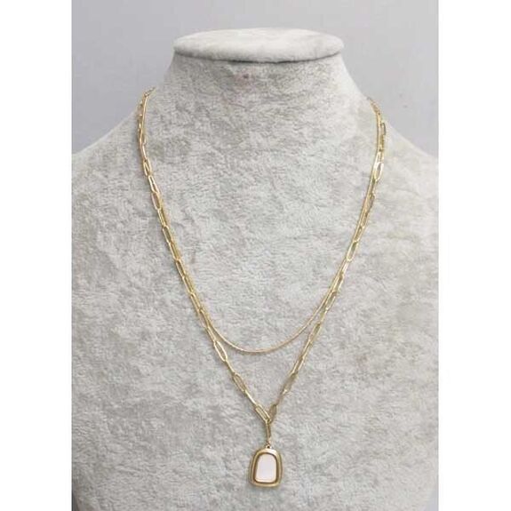 collier double chaîne medaillon nacre acier doré