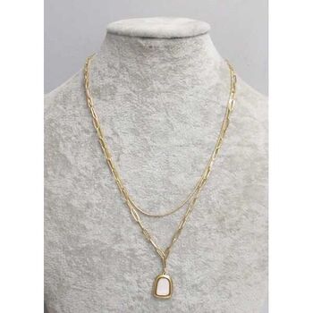 collier double chaîne medaillon nacre acier doré
