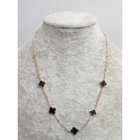 bijoux collier 5 trefles fleur acier noir