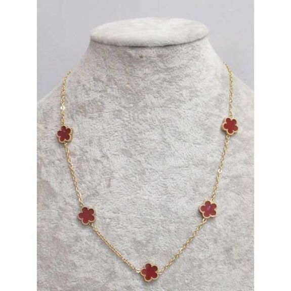 bijoux collier 5 trefles fleur acier rouge