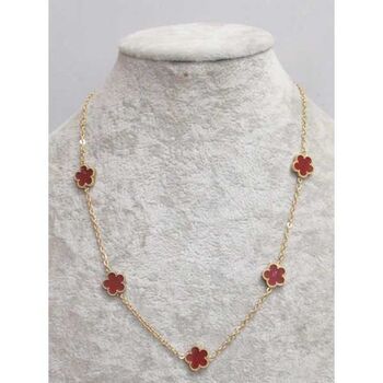 bijoux collier 5 trefles fleur acier rouge