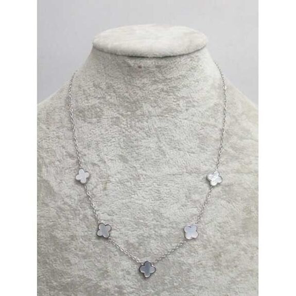 bijoux collier 5 trefles fleur argente nacre en acier