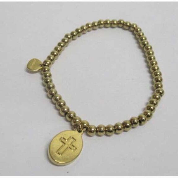 elastic steel bracelet with balls and a virgin cross pendant