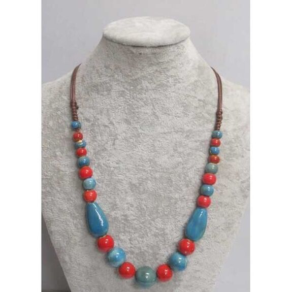 bijoux collier boule céramique rouge bleue