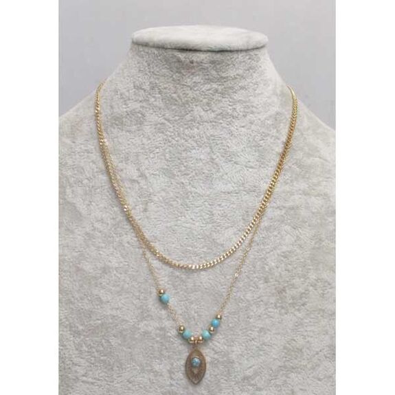 bijoux acier pendentif turquois double chaine
