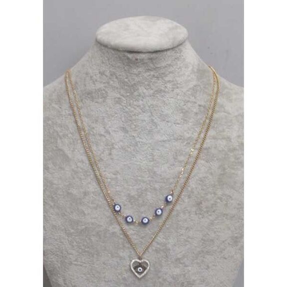 steel necklace with double blue eye heart pendant