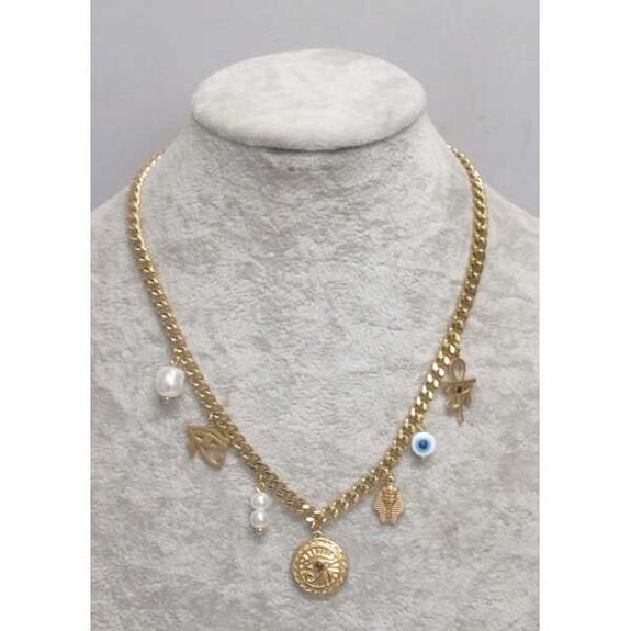 bijoux chaine maille breloques Osiris pharaon oeil perle acier dore