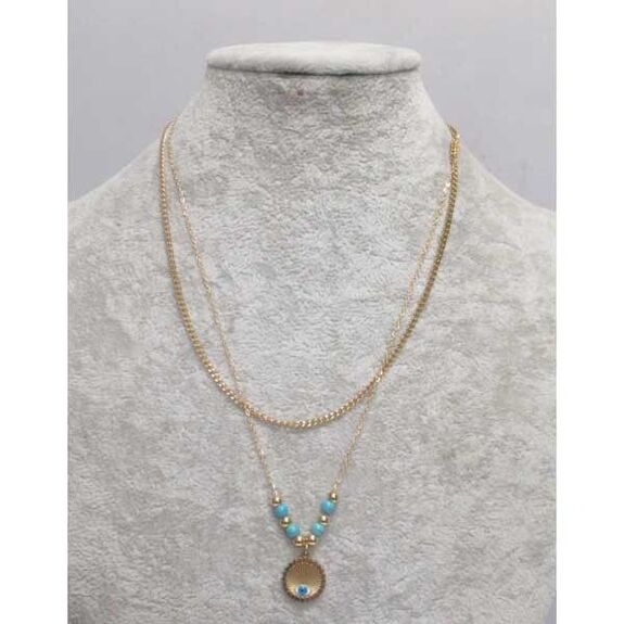 bijoux double chaine cercle oeil bleu acier doré