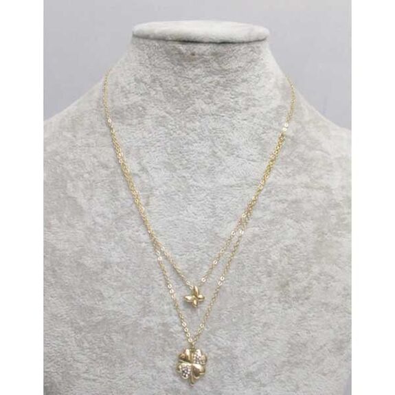 bijoux collier trefle double chaine papillon en acier