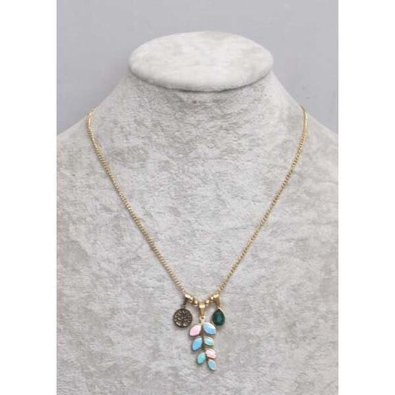 collier chaine acier doré arbre de vie cristal feuilles couleurs