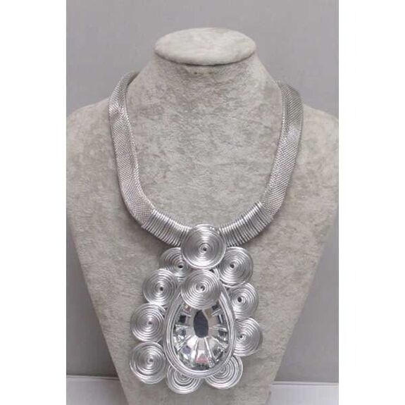 silver mesh crystal spiral flower necklace