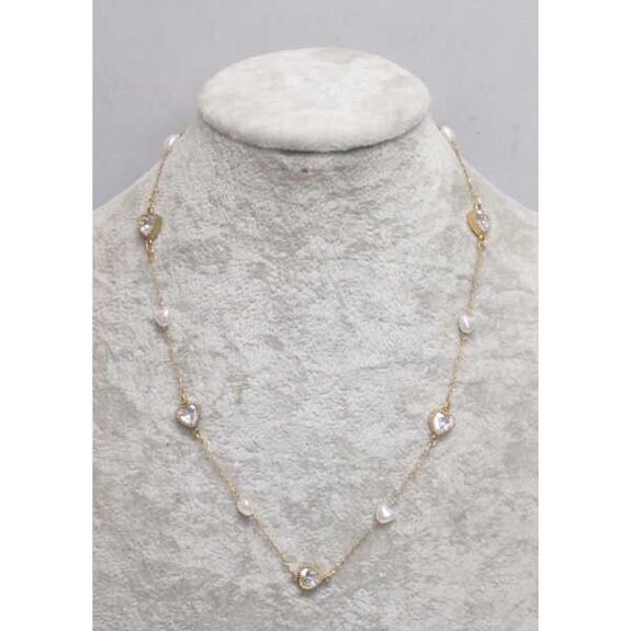 bijoux chaine coeur perle et cristal en acier doré