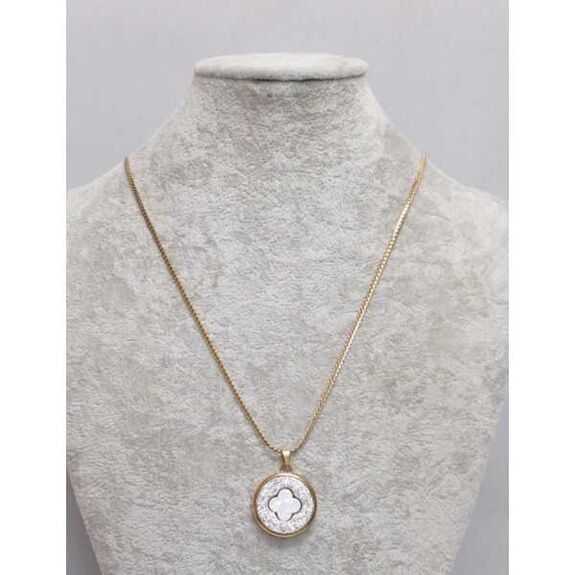 white clover mother-of-pearl medallion necklace in steel
