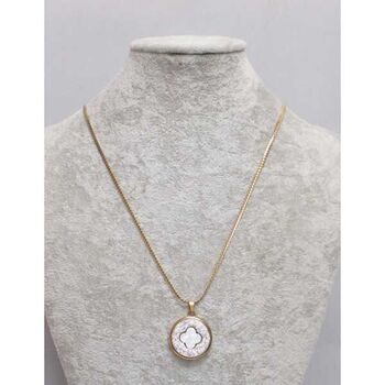 white clover mother-of-pearl medallion necklace in steel