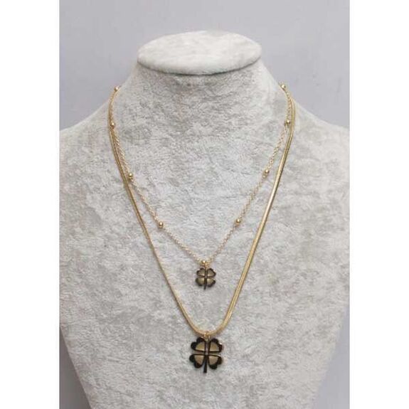 bijoux collier double chaine petite et grande trefle acier