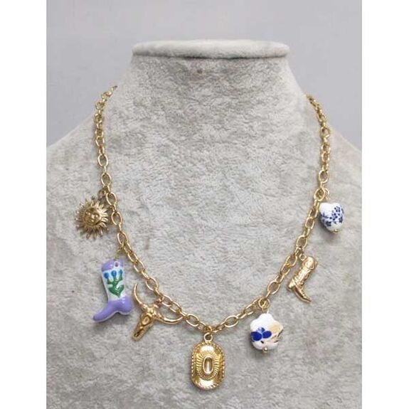 Western jewelry necklace, boot, hat, sun in steel