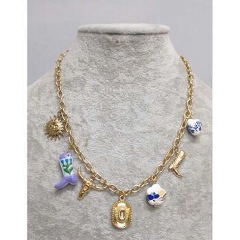 Western jewelry necklace, boot, hat, sun in steel