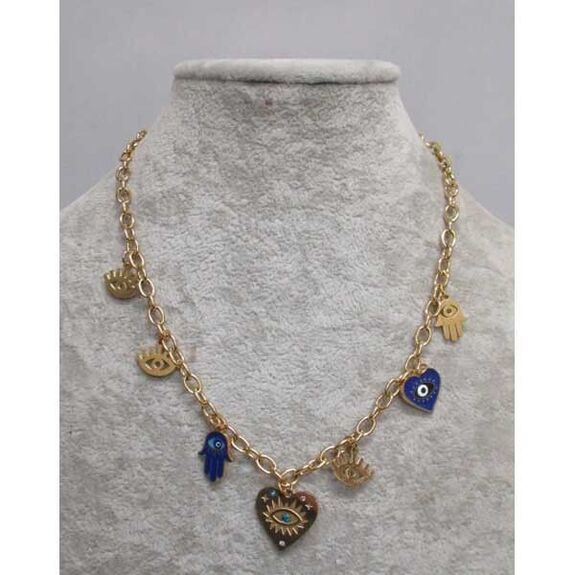 Collier acier oeil coeur main breloques acier