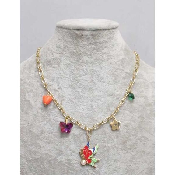 pendant with multiple charms, butterfly and heart in steel