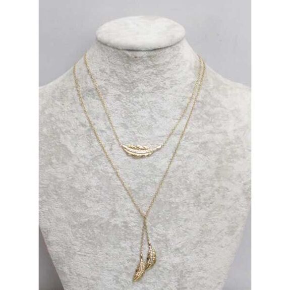 collier long double chaine plume strass en acier