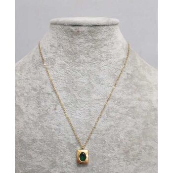 steel jewelry necklace rectangular pendant green crystal