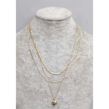 3-chain necklace with blue crystal heart and steel