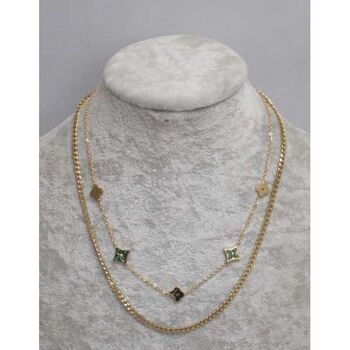 collier double chaîne fleur email vert en acier