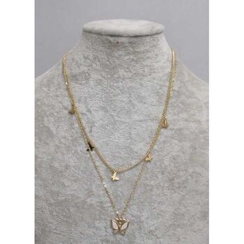 double chaîne papillon nacre acier doré pendant