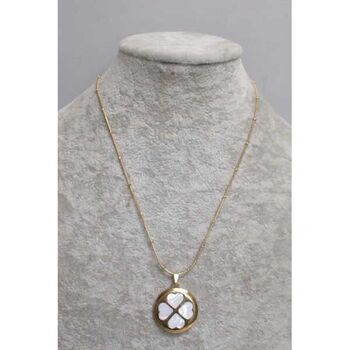 trèfle nacre medaillon acier dore long collier