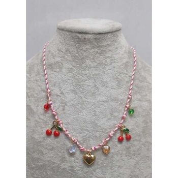 bijoux collier acier breloques cerise sur fil rose