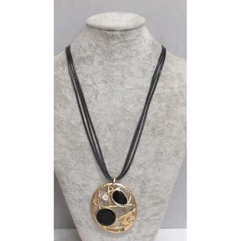 Bijoux long pendentif noir email doré