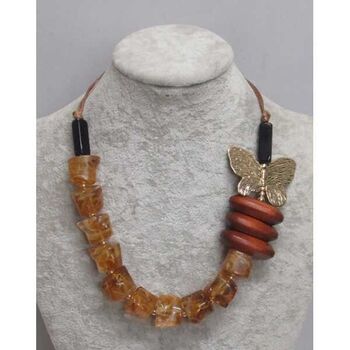 Bijoux résine marron rondelles bois et papillon