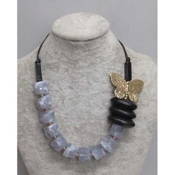 Bijoux résine gris femme  rondelles bois et papillon