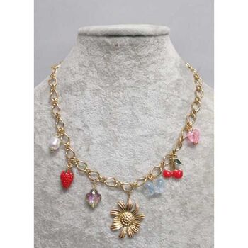bijoux collier chaine pendants fleurs et fruits en acier