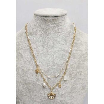 double chain necklace in steel with dolphin, star, and pearl
