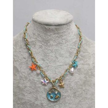 Steel necklace with seashell charms on blue wire