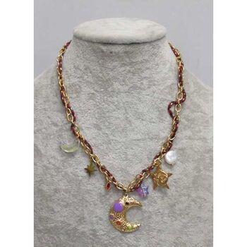 bijoux collier acier breloques lune soleil sur fil rouge