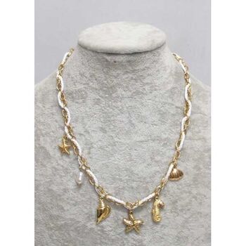 Seahorse star and seashell steel necklace on white wire
